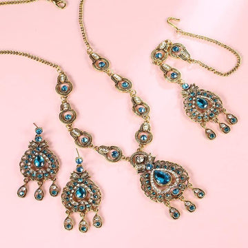 Vintage Look Gold-Color Mosaic Blue Crystal Bracelet Necklace Earrings Set - The Jewellery Supermarket
